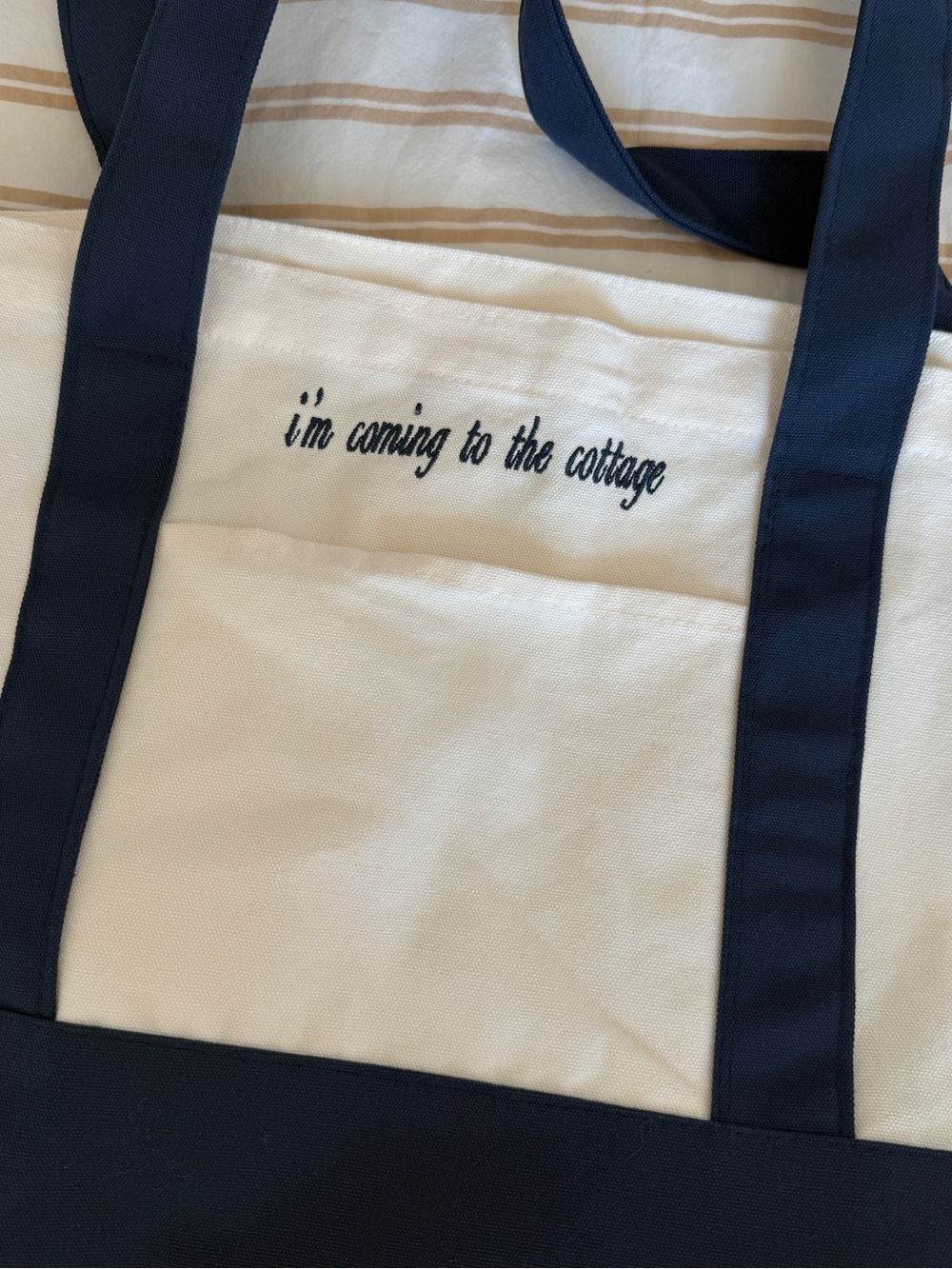 Canvas Tote Bag with Navy Trim - "i'm coming to the cottage" Embroidery